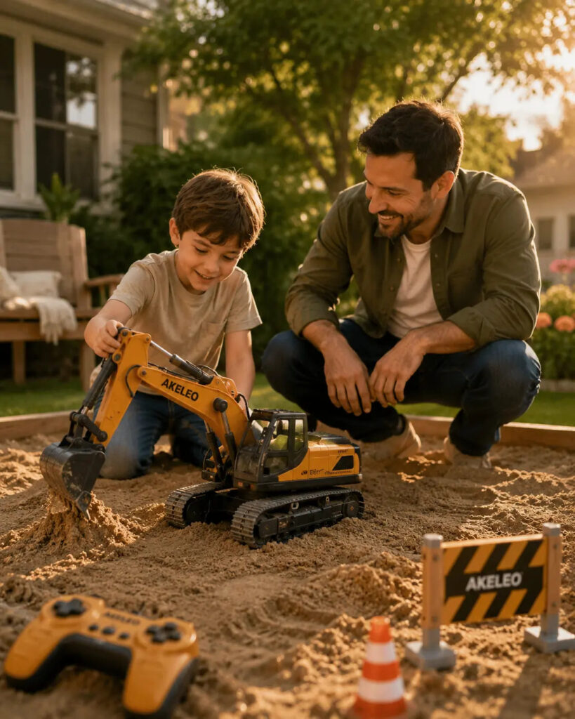 rc excavator toy father son outdoor play